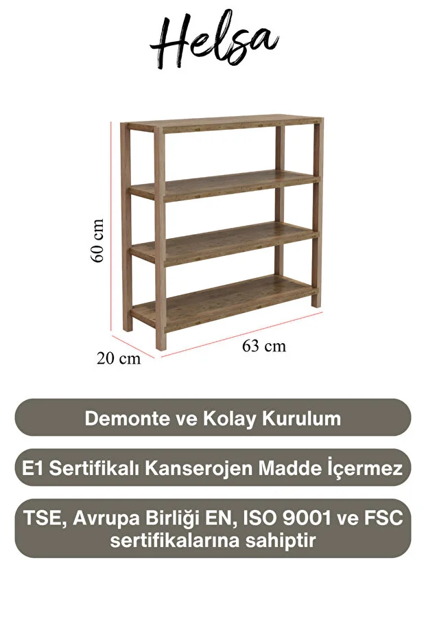 Helsa Atlantik Çam 4 Raflı Ahşap Yan Sehpa -Çok Amaçlı Dekoratif Raf, Organizer